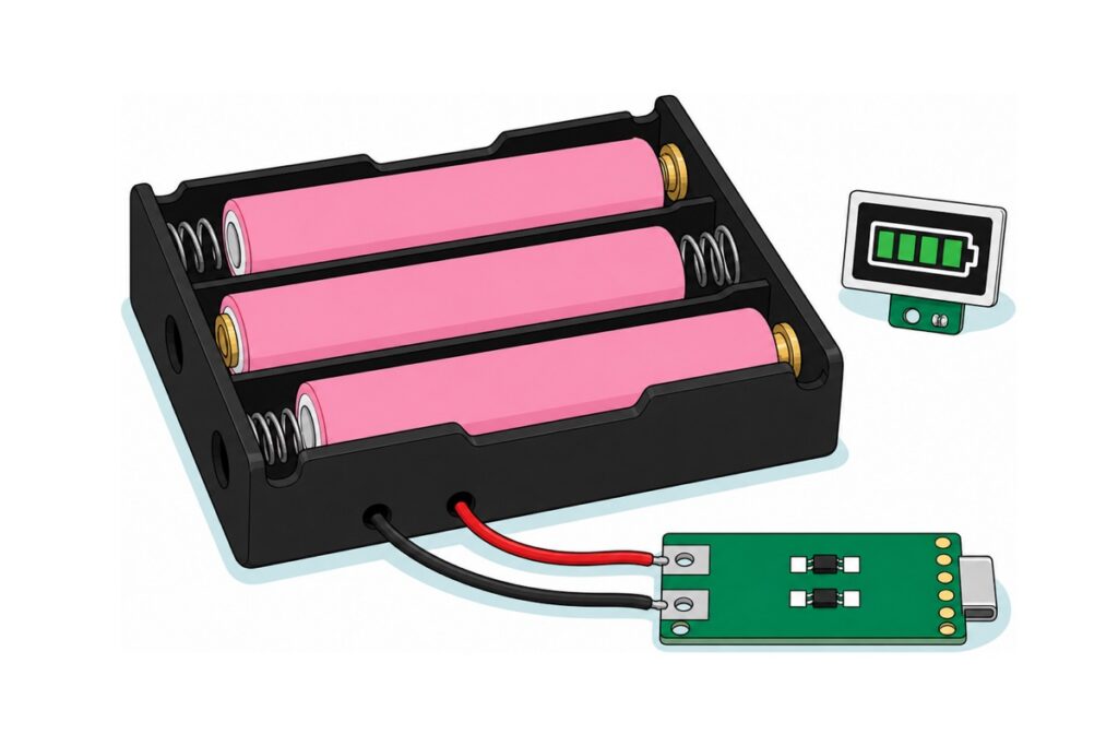 Cartoon of a matte-black three-slot 18650 holder with three pink cells and alternating brass button and spring contacts, red and black leads running to a small green USB-C charging board, and a white and black four-bar green battery capacity indicator standing beside it