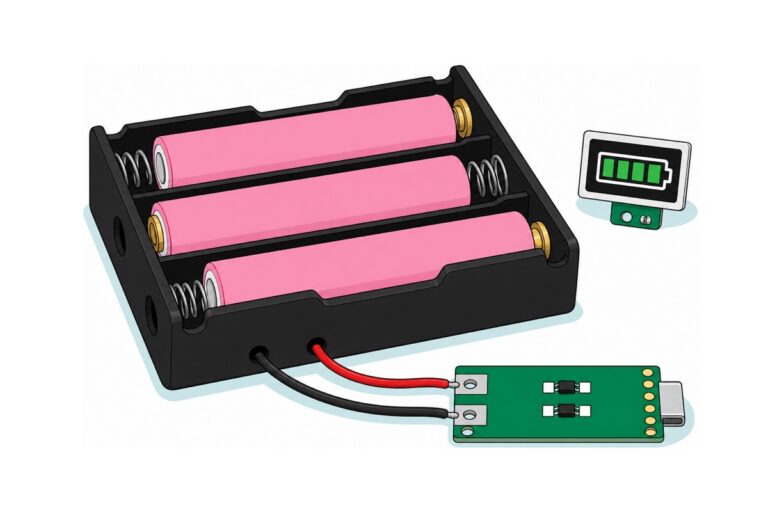 Cartoon of a matte-black three-slot 18650 holder with three pink cells and alternating brass button and spring contacts, red and black leads running to a small green USB-C charging board, and a white and black four-bar green battery capacity indicator standing beside it