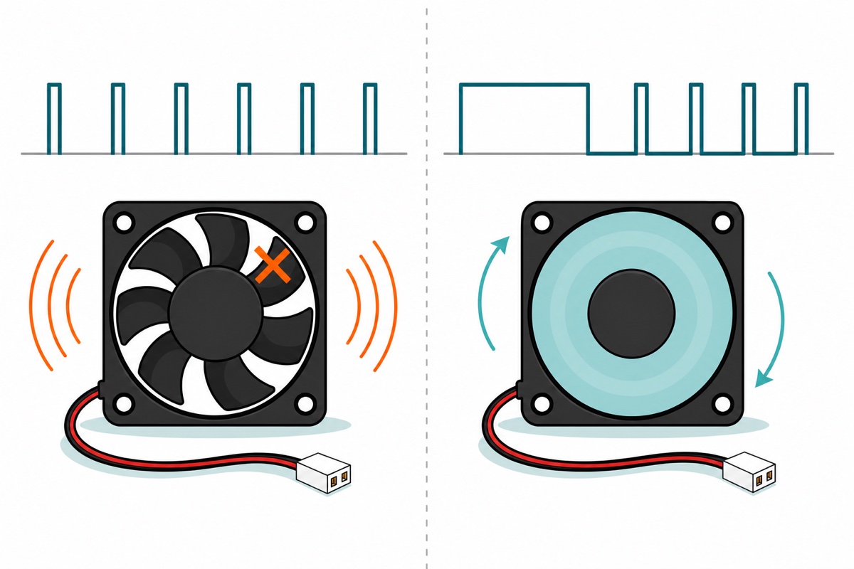 Cartoon comparison of two identical black square case fans under teal pulse waveforms - on the left a narrow-pulse waveform above a stationary fan marked with an orange cross and orange sound arcs, on the right a waveform starting with a full-height plateau before narrow pulses above the same fan spinning with teal motion arcs