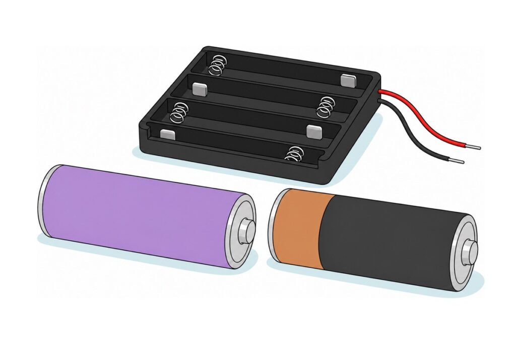 Cartoon of two AA batteries side by side, one in a plain lavender-purple wrapper and one in dark grey with a copper band, in front of a black four-slot AA battery holder with red and black wire leads