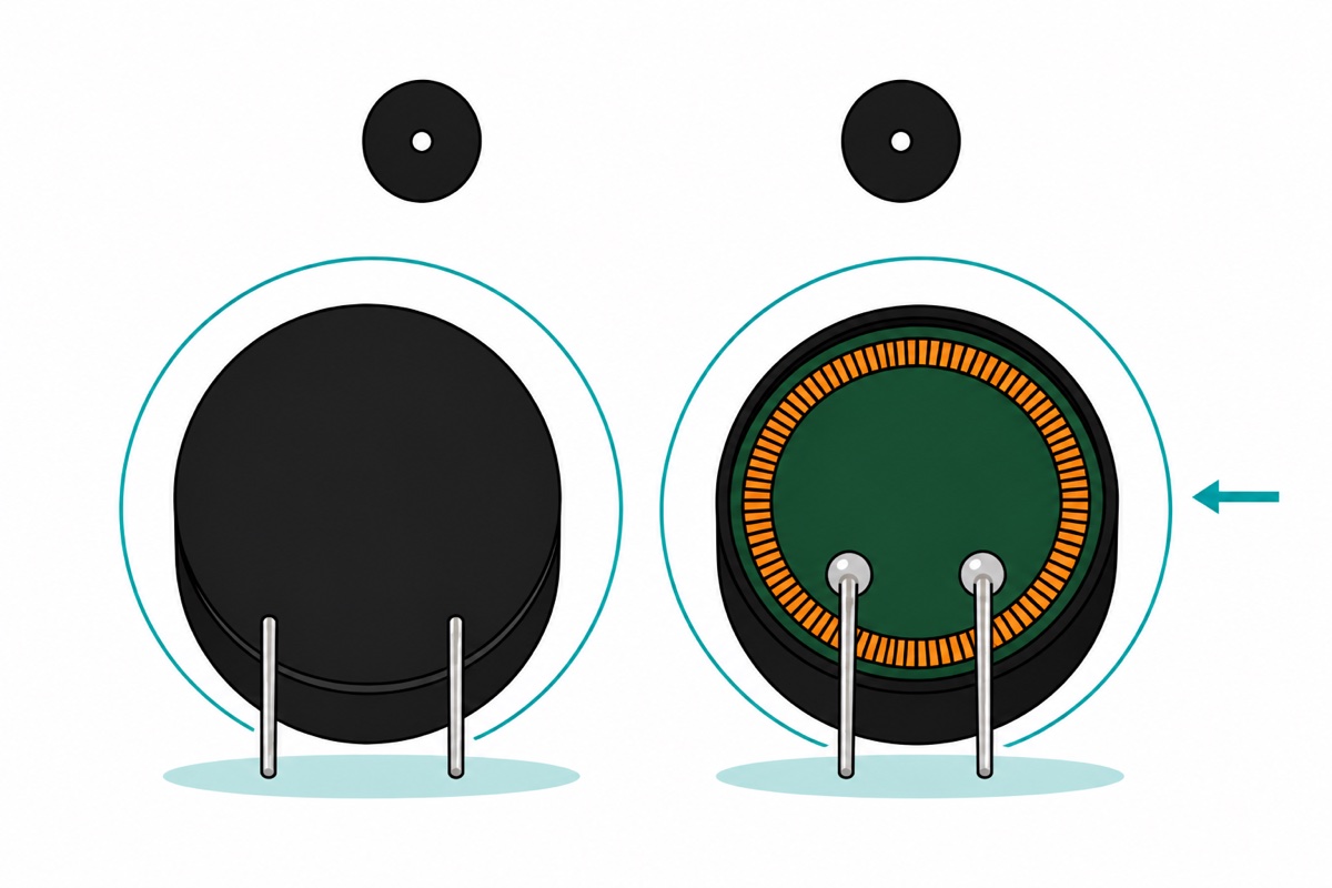 Cartoon comparing two black cylindrical buzzers tipped up to show their undersides, the left sealed flat black and the right showing a green board with a copper coil, with identical top views drawn above