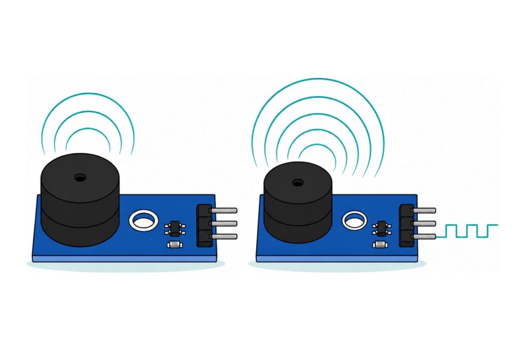Cartoon of two blue buzzer modules with black buzzer cans side by side, the left emitting three identical teal sound arcs, the right fed by a teal square wave and emitting arcs of varying size
