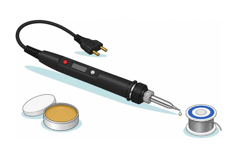 Cartoon of a black-handled soldering iron with an LCD in the handle and a chrome barrel, beside a white spool of silver solder wire and an open white tin of olive-amber flux paste