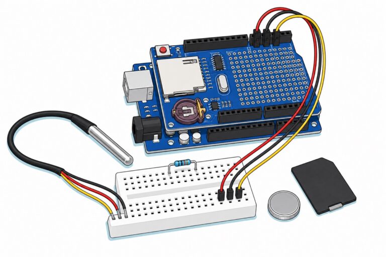 Cartoon of a blue Arduino Uno with a dark blue data logging shield stacked on top, showing a cream full-size SD socket and an empty maroon coin-cell holder, a stainless steel probe wired into a white mini breadboard, and a loose black memory card and silver coin cell on the bench