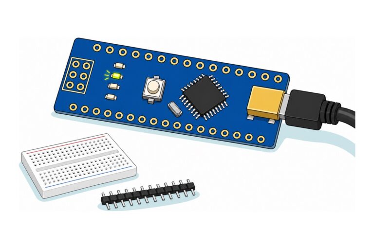 Cartoon of a blue Arduino Nano V3 board with bare unsoldered gold header holes and a gold Mini-USB socket, a black Mini-USB cable plugged in and one small onboard LED glowing yellow-green, with a black pin header strip and a white breadboard resting smaller beside it