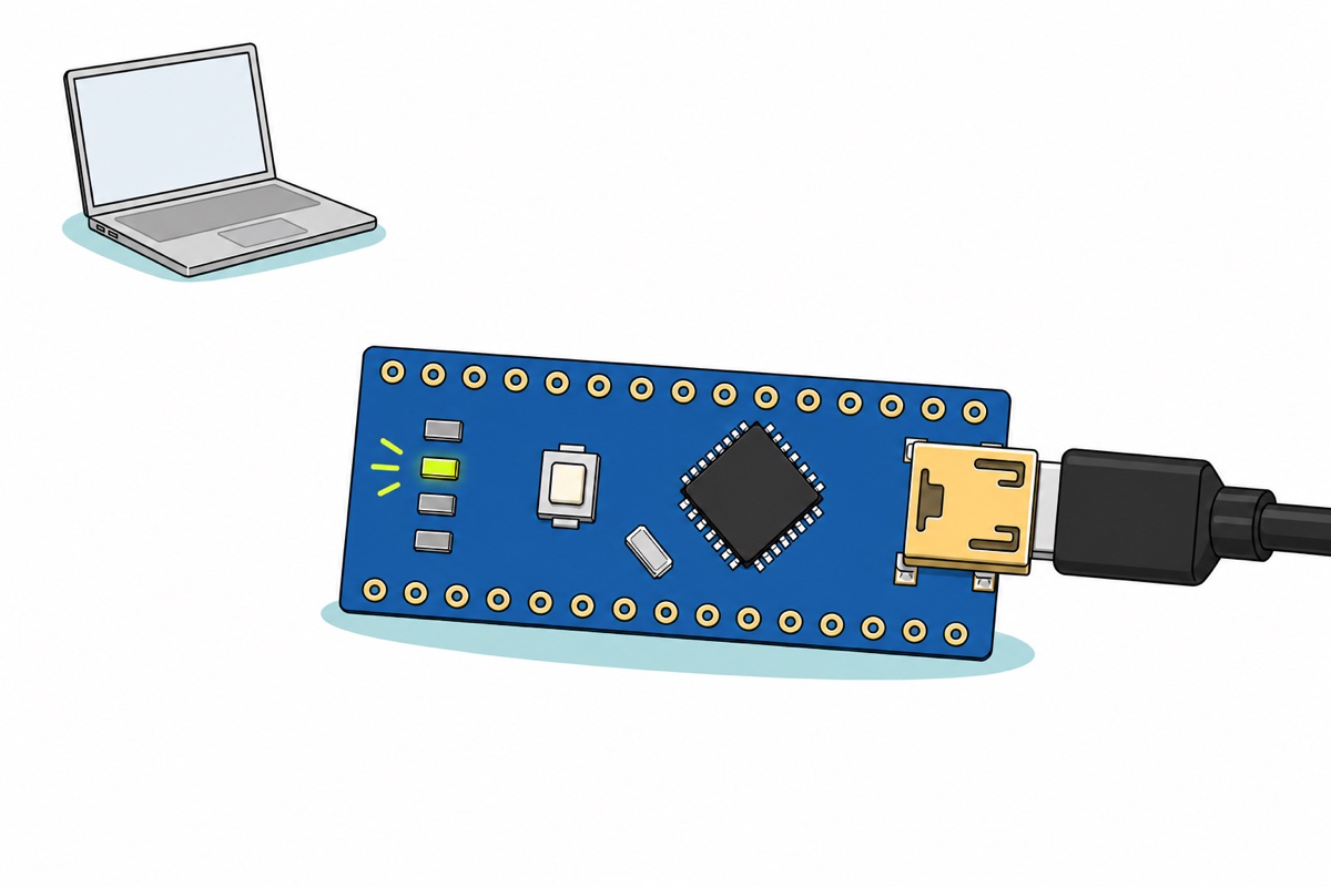 Cartoon of a blue Arduino Nano board with bare unsoldered gold holes lying alone on a white surface, a black Mini-USB cable plugged into its gold socket and one small onboard LED glowing yellow-green, with a small blank silver laptop in the background