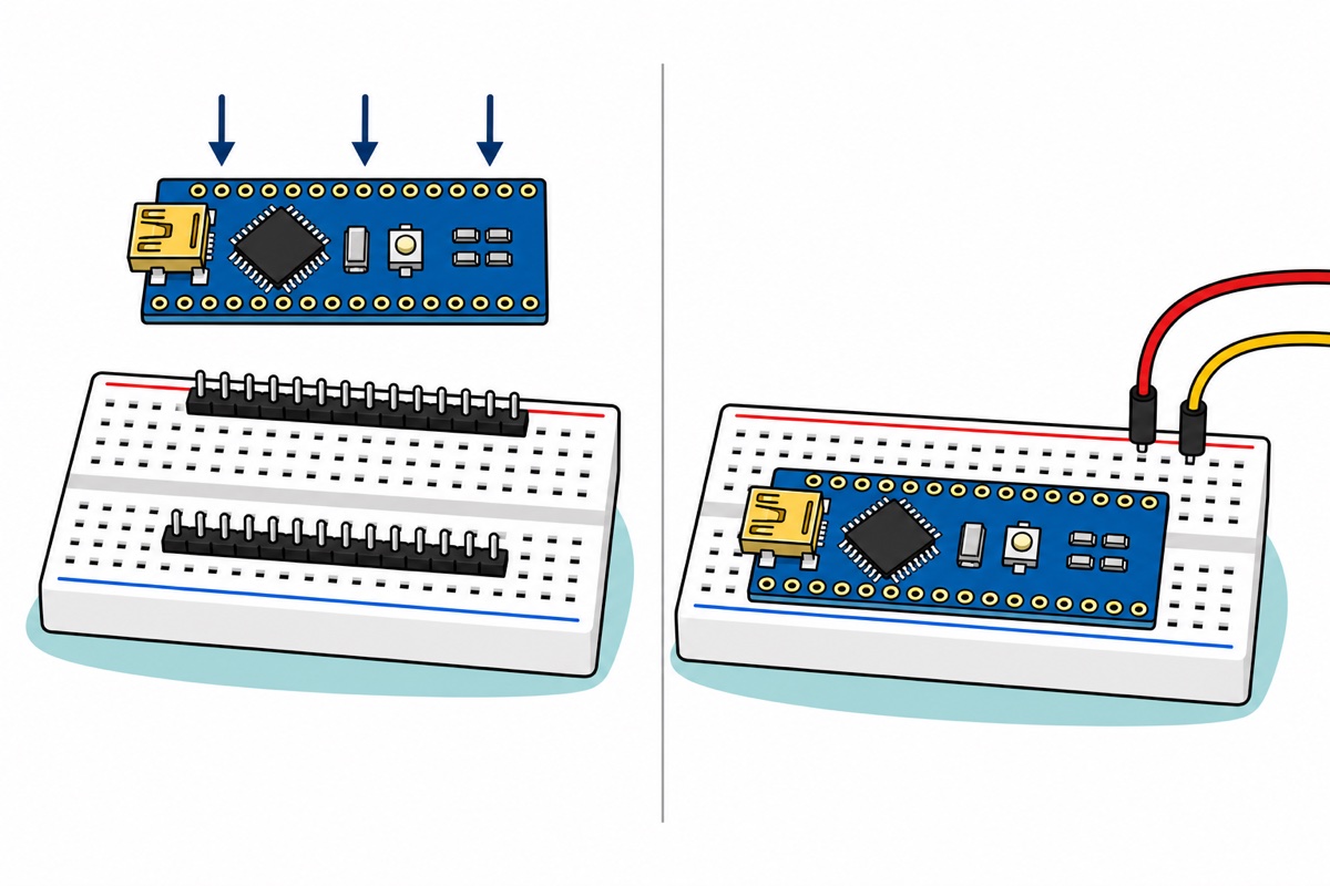 Cartoon of two panels showing a blue Arduino Nano being lowered onto black male header strips standing in a white breadboard, then the finished Nano seated across the breadboard's centre channel with rainbow jumper wires plugged into the free holes beside it