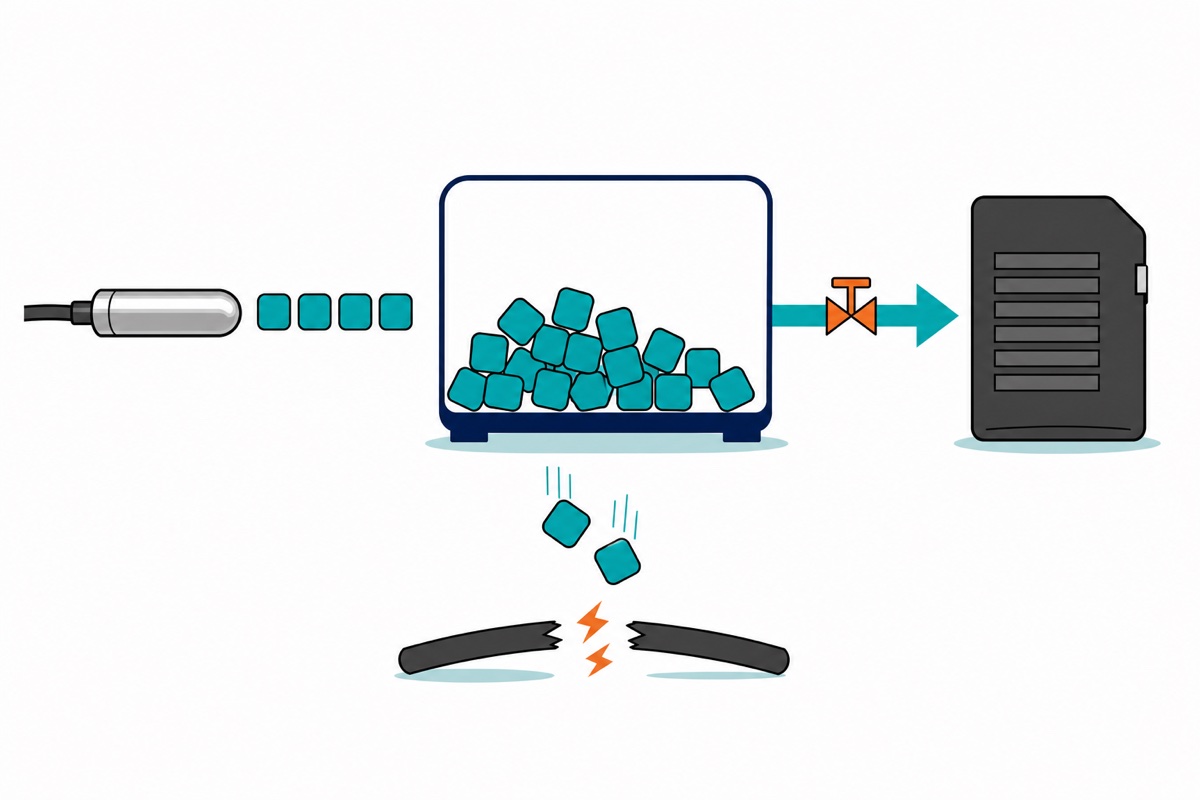 Cartoon diagram showing temperature readings as teal blocks flowing from a stainless probe into a navy holding tray, then along a single arrow through an orange valve onto a black memory card, with two blocks falling away beside a broken cable