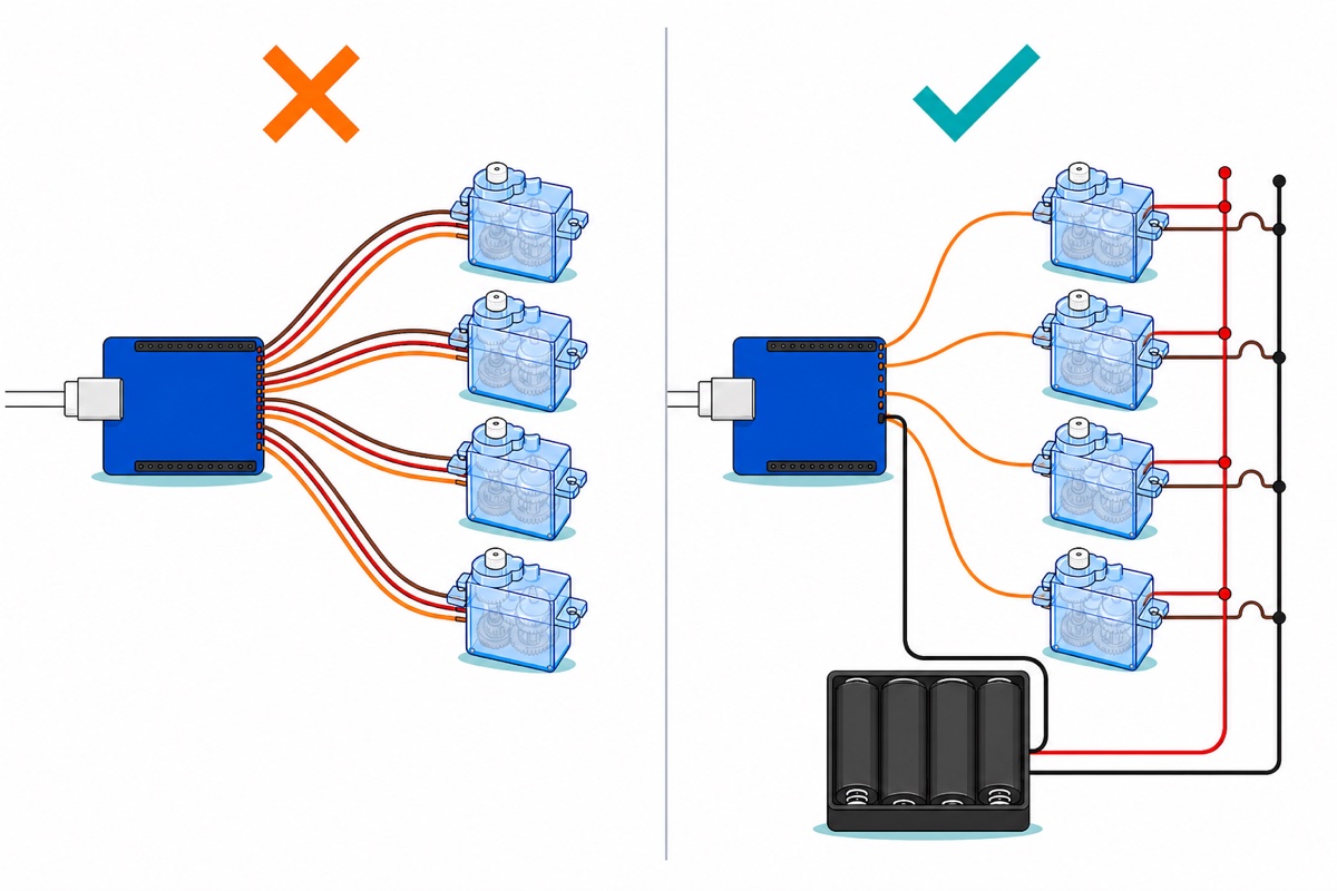 Cartoon comparison of a blue Arduino board on USB with four translucent-blue servos taking all their power from it and an orange cross, beside the same board where a black battery holder feeds the servos through thick red and black wires while only thin orange signal wires reach the board, with a teal tick