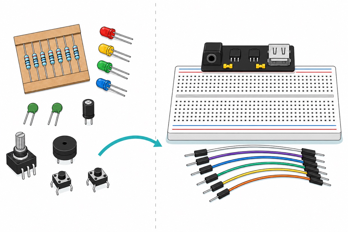 Cartoon split image with blue resistors on a kraft card, coloured LEDs, capacitors, a potentiometer, a buzzer and push buttons on the left, and a white breadboard with red and blue power stripes, a fan of rainbow jumper wires and a small black power module on the right, joined by a teal arrow