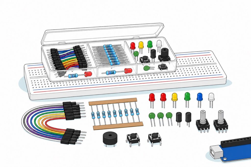 Cartoon of a large open transparent plastic organizer case with blue resistors taped to a kraft card, coloured 5mm LEDs, green and black capacitors, black potentiometers, a buzzer, push buttons and rainbow jumper wires spilling onto a white breadboard, with a small blue microcontroller board cropped in the corner