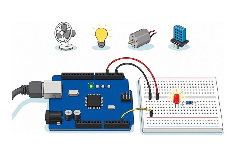 Kartun papan Arduino Uno biru bersambung ke breadboard putih dengan LED merah 5 mm menyala dan perintang biru, dikelilingi ikon kipas putih, mentol kuning, motor DC kelabu dan sensor biru muda
