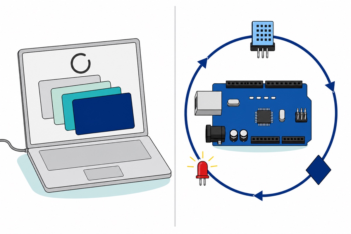 Cartoon comparison - left a grey laptop with a stack of coloured windows and a loading spinner, right a blue Arduino Uno board circled by one navy arrow loop running through a light-blue sensor, a decision shape and a red LED
