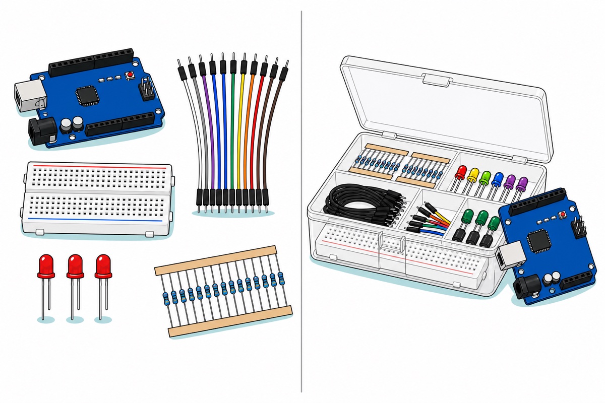 Cartoon comparison of two routes - left a blue Arduino Uno board, white breadboard, rainbow dupont wires, three red LEDs and a blue resistor strip laid out separately, right a clear plastic box full of components with a blue Uno board leaning against its side