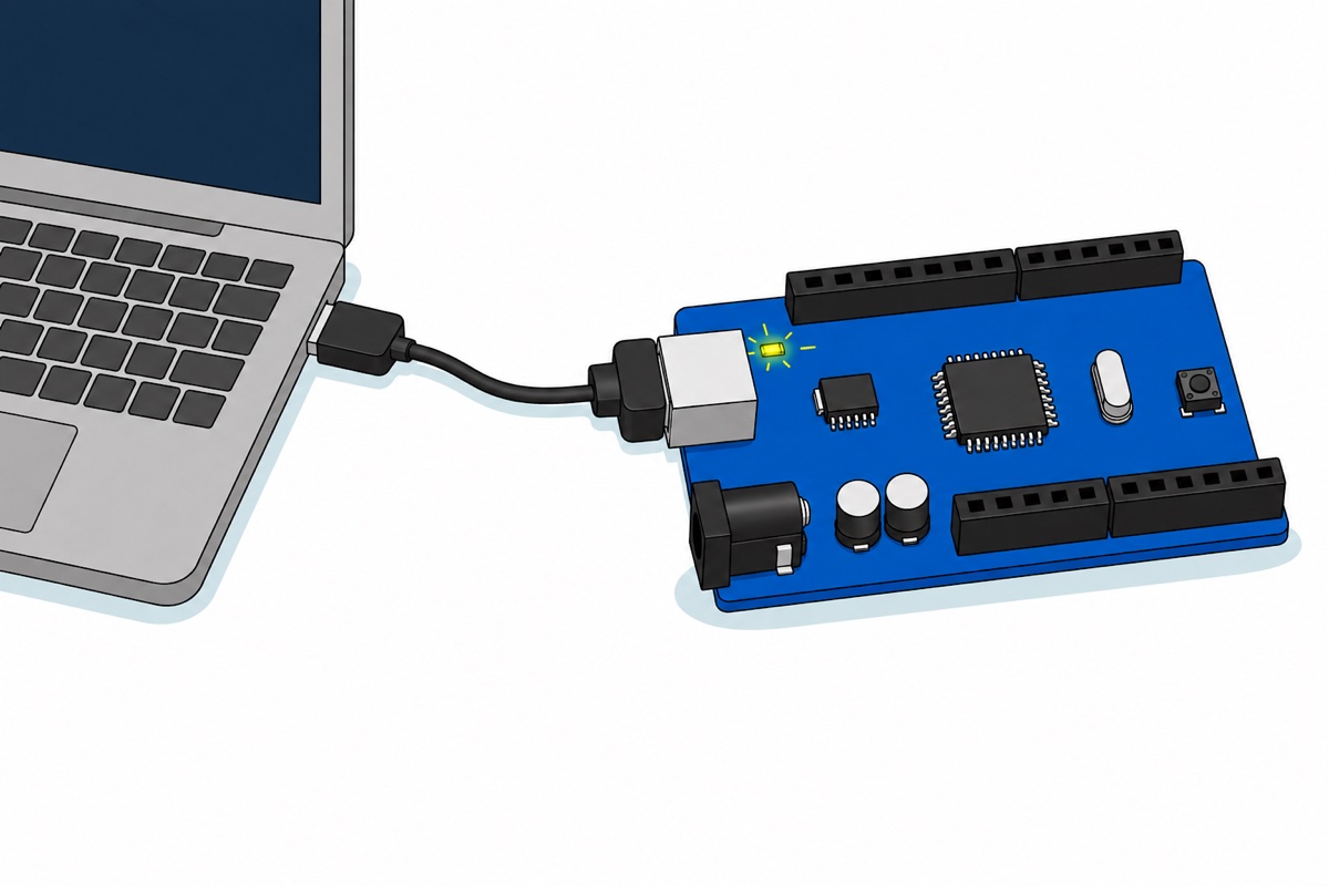 Cartoon of a blue Arduino Uno board on an otherwise empty white desk, connected by a black USB cable to a cropped grey laptop, with one tiny LED beside the silver USB socket glowing yellow-green