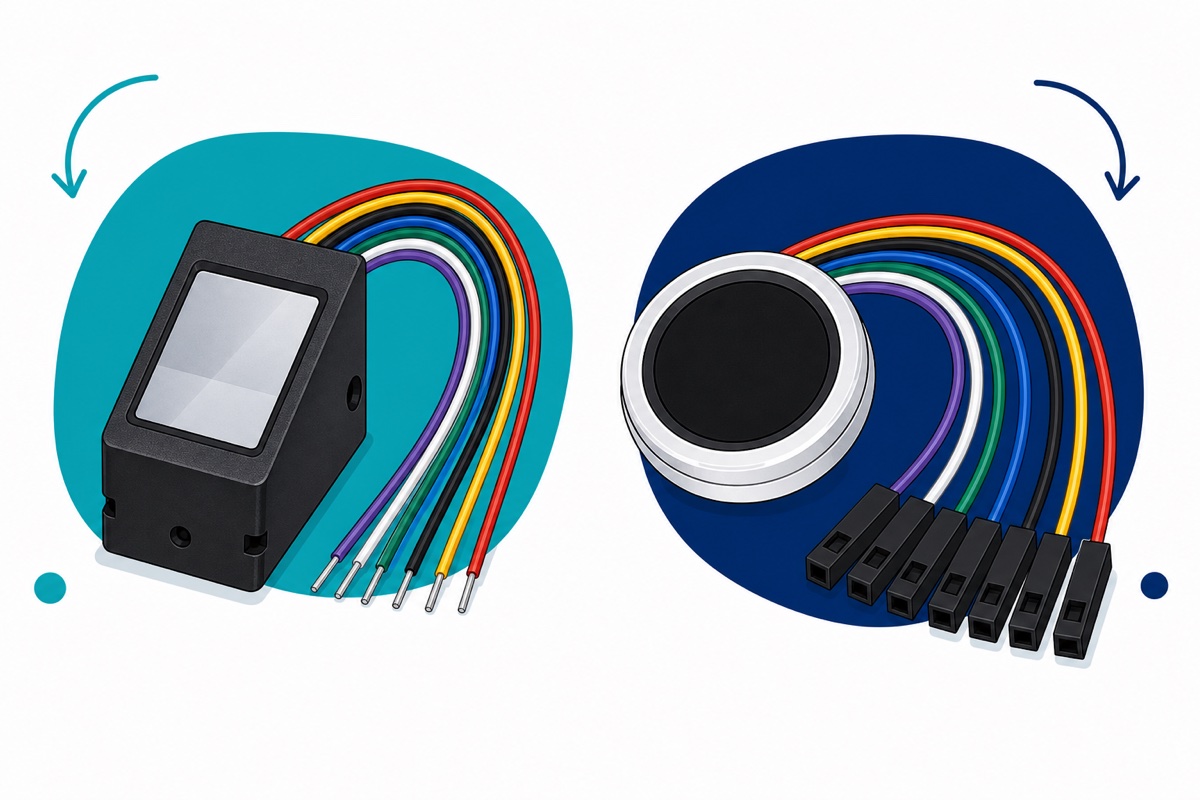 Cartoon comparison of the rectangular black AS608 fingerprint sensor with bare wire ends and the round ZW111 sensor with a white-silver bezel and dupont plug