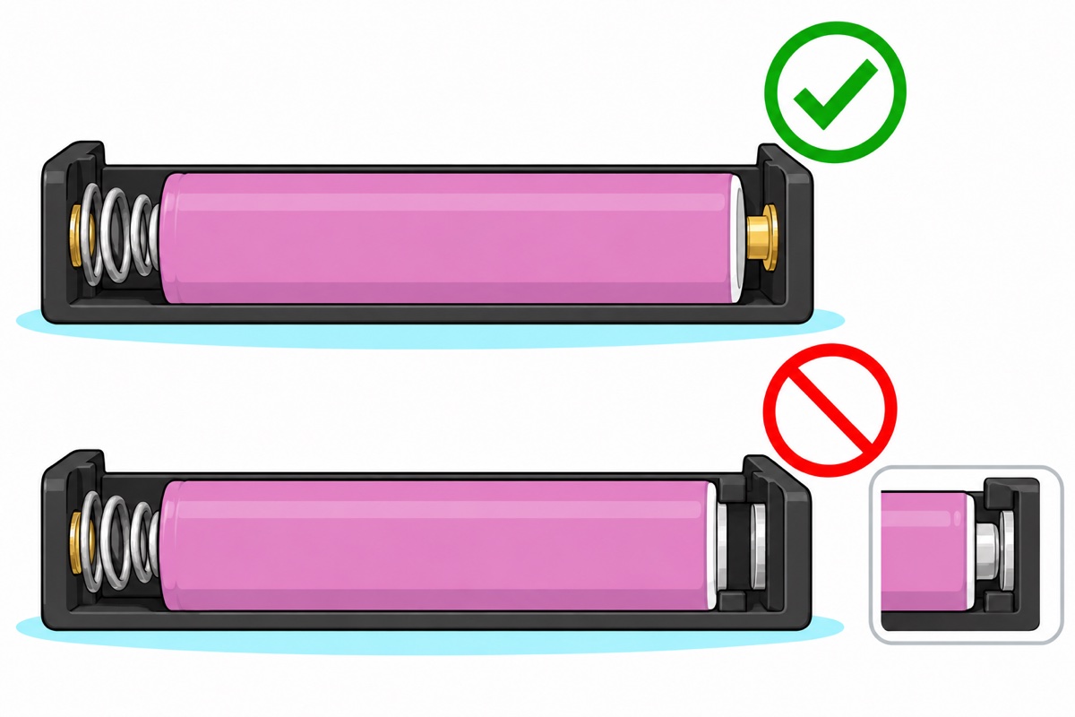 Cutaway cartoon of two black holder channels: a pink flat-top 18650 touching a raised brass stud with a tick, and the same cell stopped short of a recessed plate by a plastic rib with a cross, with a button-top cell reaching the plate in an inset