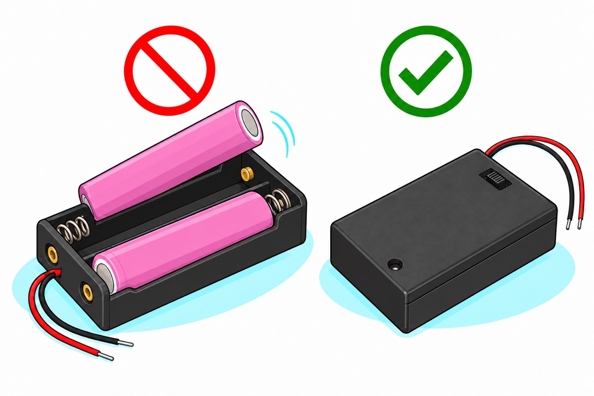 Cartoon of an open black 18650 tray with one pink cell popped out of its channel and a red cross, next to a closed black AA battery case with its lid on, a small switch and red and black wires, with a green tick