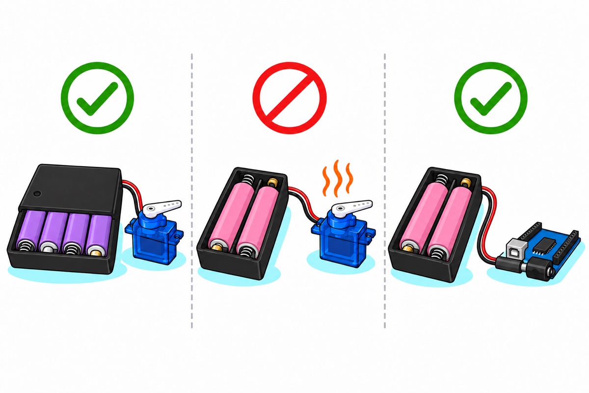 Three-panel cartoon: a black AA case with four purple cells powering a blue servo with a tick, a black two-slot tray with pink 18650 cells overheating the same servo with a cross, and the same tray plugged into a blue Arduino board's power jack with a tick