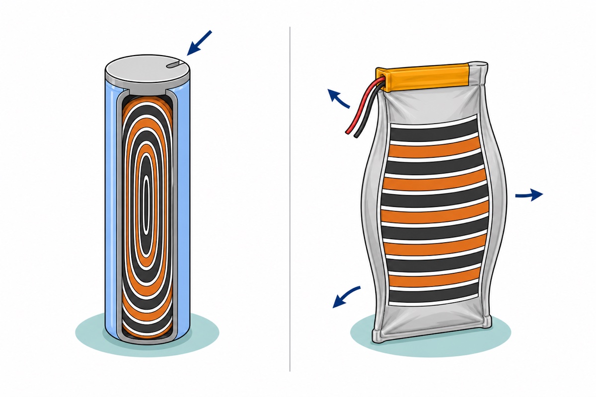 Cartoon cross-section of two lithium cells - on the left a cylindrical 18650 with thick steel can walls in a light blue wrap, a relief vent at the top end and rolled layers inside; on the right a thin silver foil LiPo pouch with a yellow kapton end, swollen, with flat layers inside
