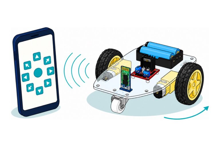 Cartoon of a dark navy smartphone showing a ring of teal arrow buttons, sending teal radio arcs to a two-wheel robot car with yellow wheels, a blue-and-green Bluetooth module and a red motor driver board on its clear acrylic deck