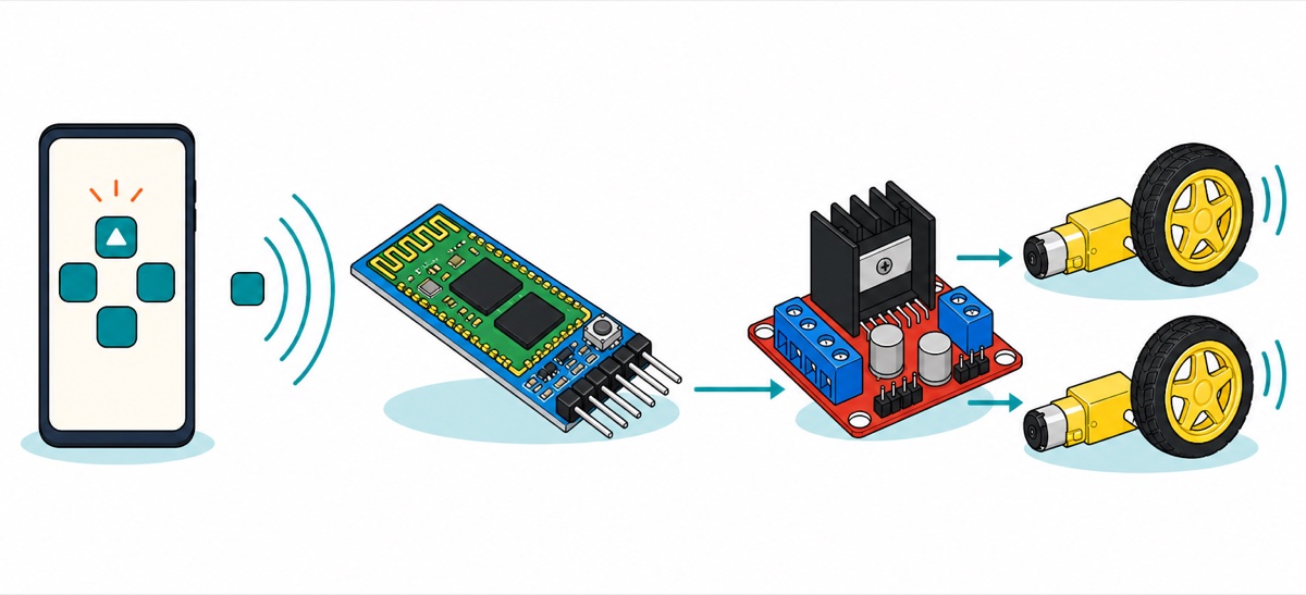 Cartoon chain showing a navy phone with a pressed teal arrow button sending a blank token along teal radio arcs into a blue-and-green Bluetooth module, then on to a red motor driver board that drives two spinning yellow motors