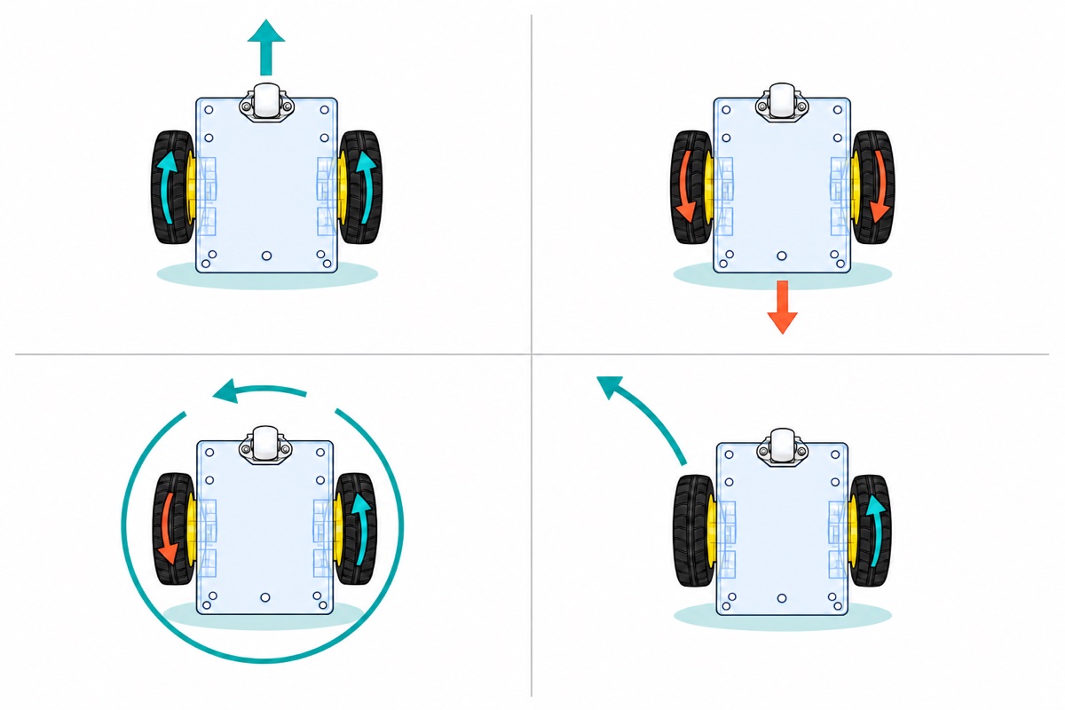 Four top-down cartoon panels of the same two-wheel robot car showing both wheels turning forward, both backward, one each way to spin on the spot, and only one wheel driven to sweep in a wide curve