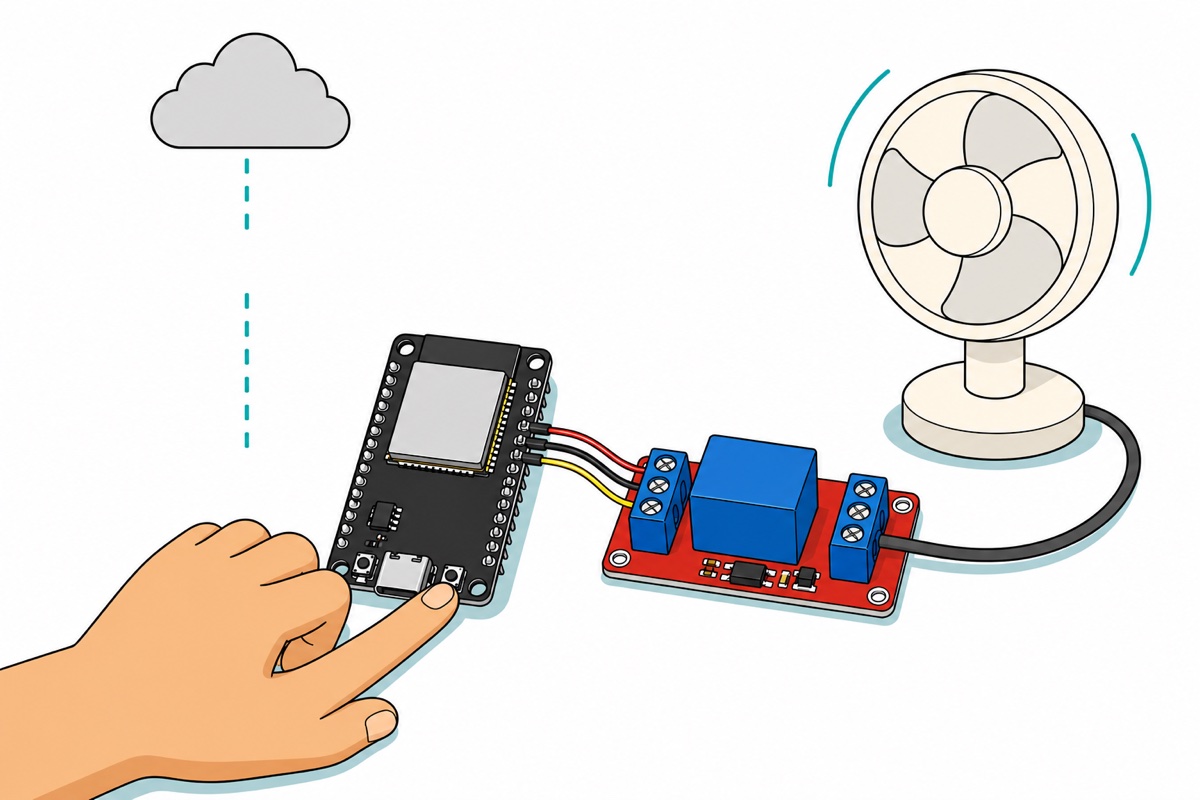 Cartoon of a broken dashed cloud connection above a hand pressing the BOOT button on a black ESP32 board, while the red relay module keeps a cream desk fan spinning