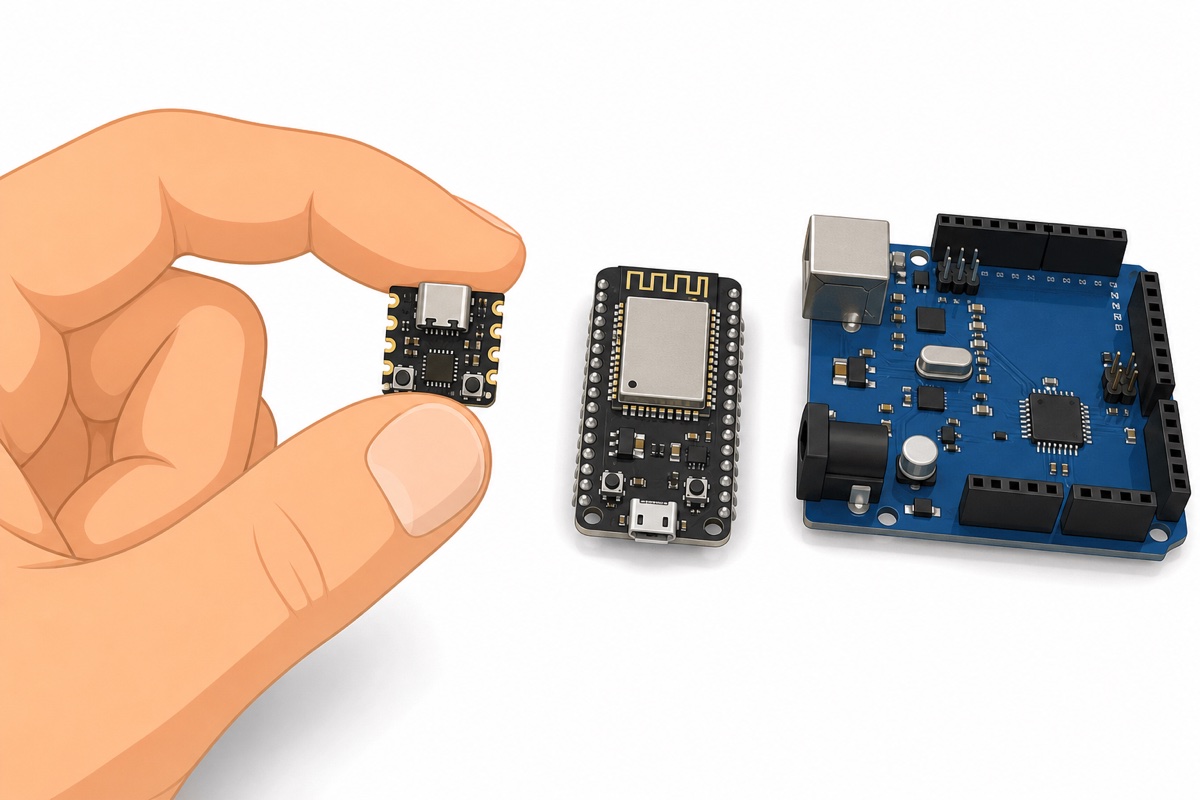 Size comparison illustration of a tiny ESP32-C3 Super Mini beside an ESP32 DevKit and an Arduino Uno