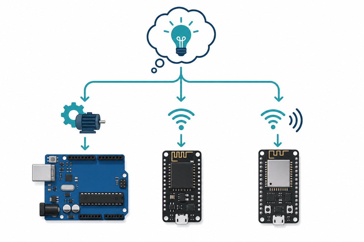 Decision tree concept showing which microcontroller board suits motors, WiFi, camera or wearable projects
