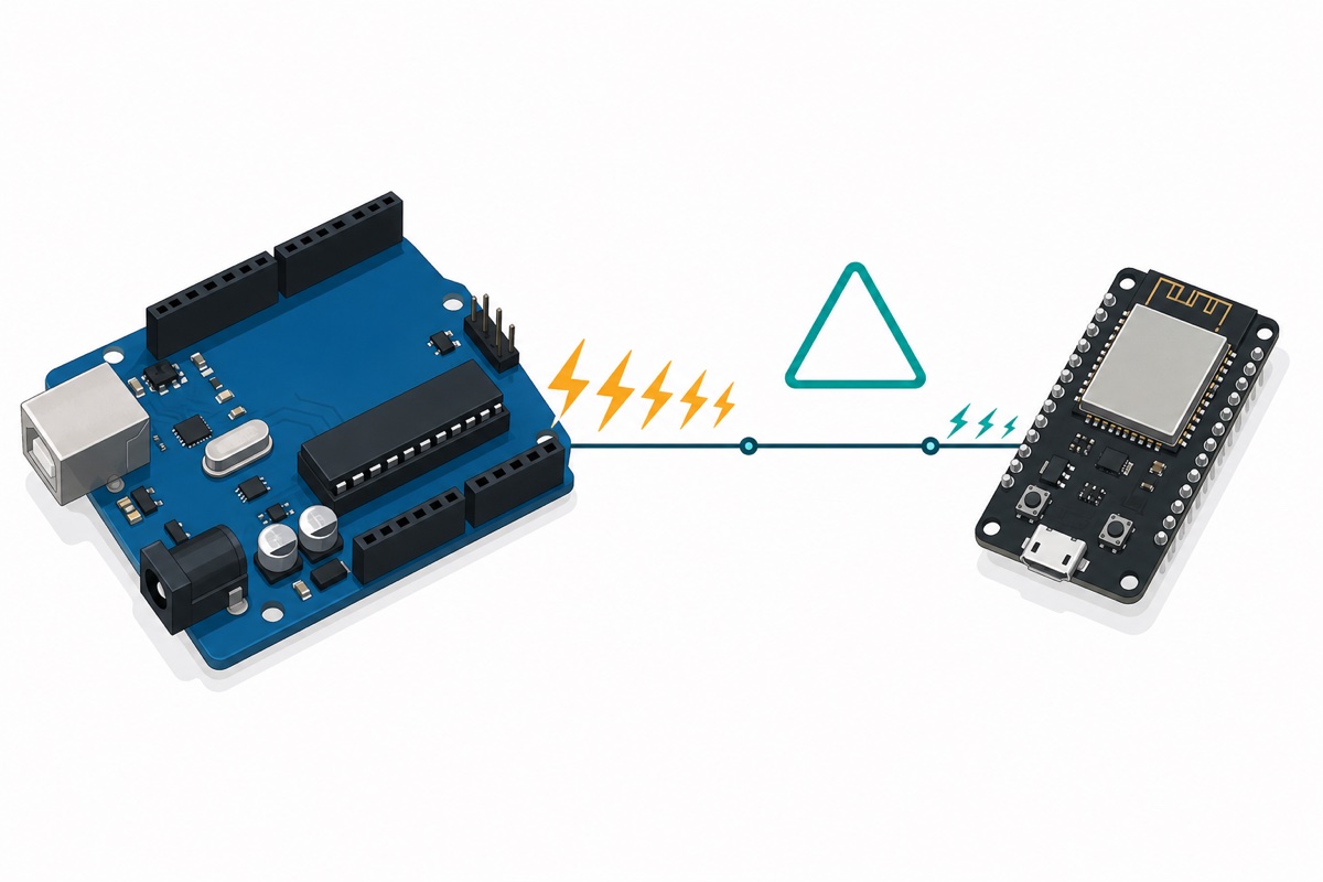 Illustration warning against connecting a 5 volt sensor signal directly to a 3.3 volt microcontroller pin