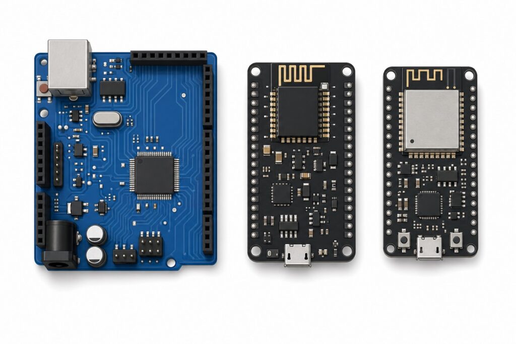 Cartoon illustration of an Arduino Uno, a NodeMCU ESP8266 and an ESP32 DevKit board side by side