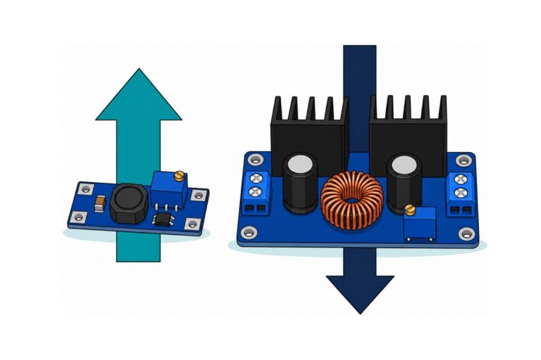 Cartoon comparison of a small deep-blue boost converter with a blue trimmer, black inductor and bare silver solder pads in front of a teal up arrow, beside a larger blue buck converter with two black heatsinks, a copper toroid and blue screw terminals in front of a navy down arrow
