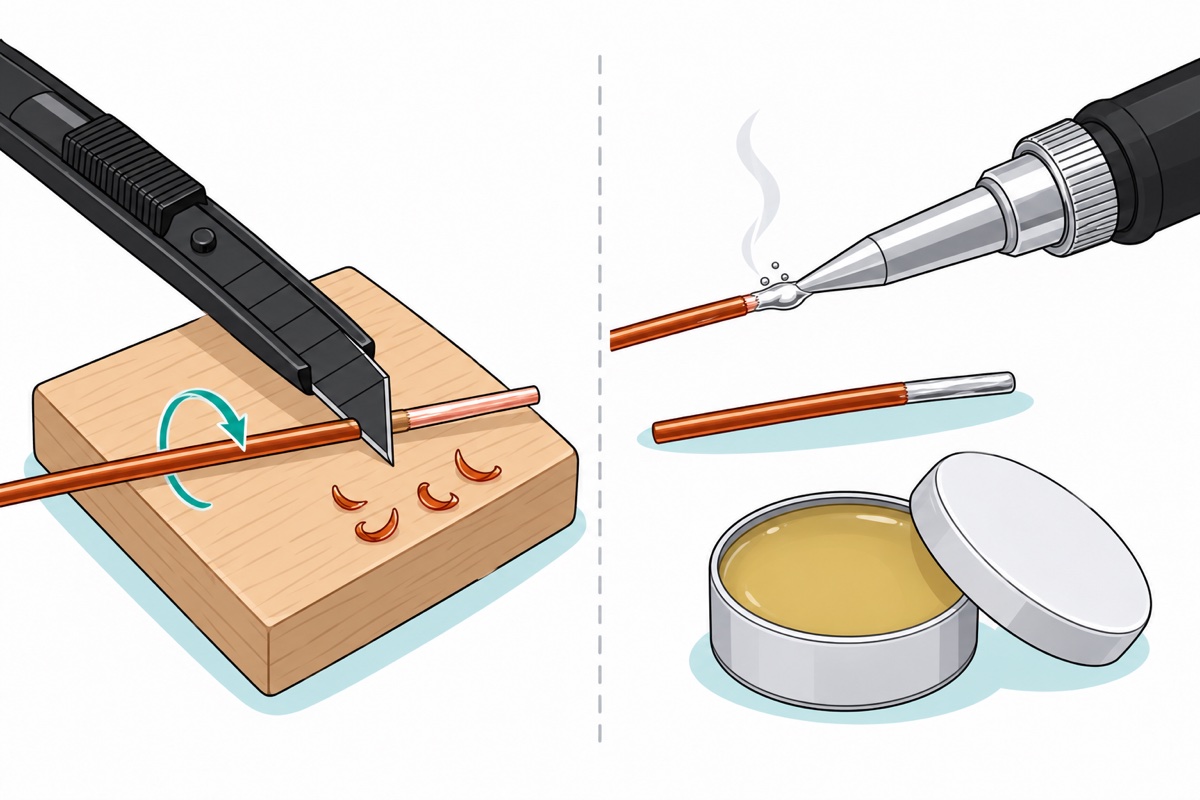 Two-part cartoon; on the left a black craft cutter scrapes copper-coloured enamelled wire on a wooden block to expose pink copper, on the right the end of an enamelled wire is dipped into a silver solder bead on an iron tip with small bubbles and an open tin of flux in the corner