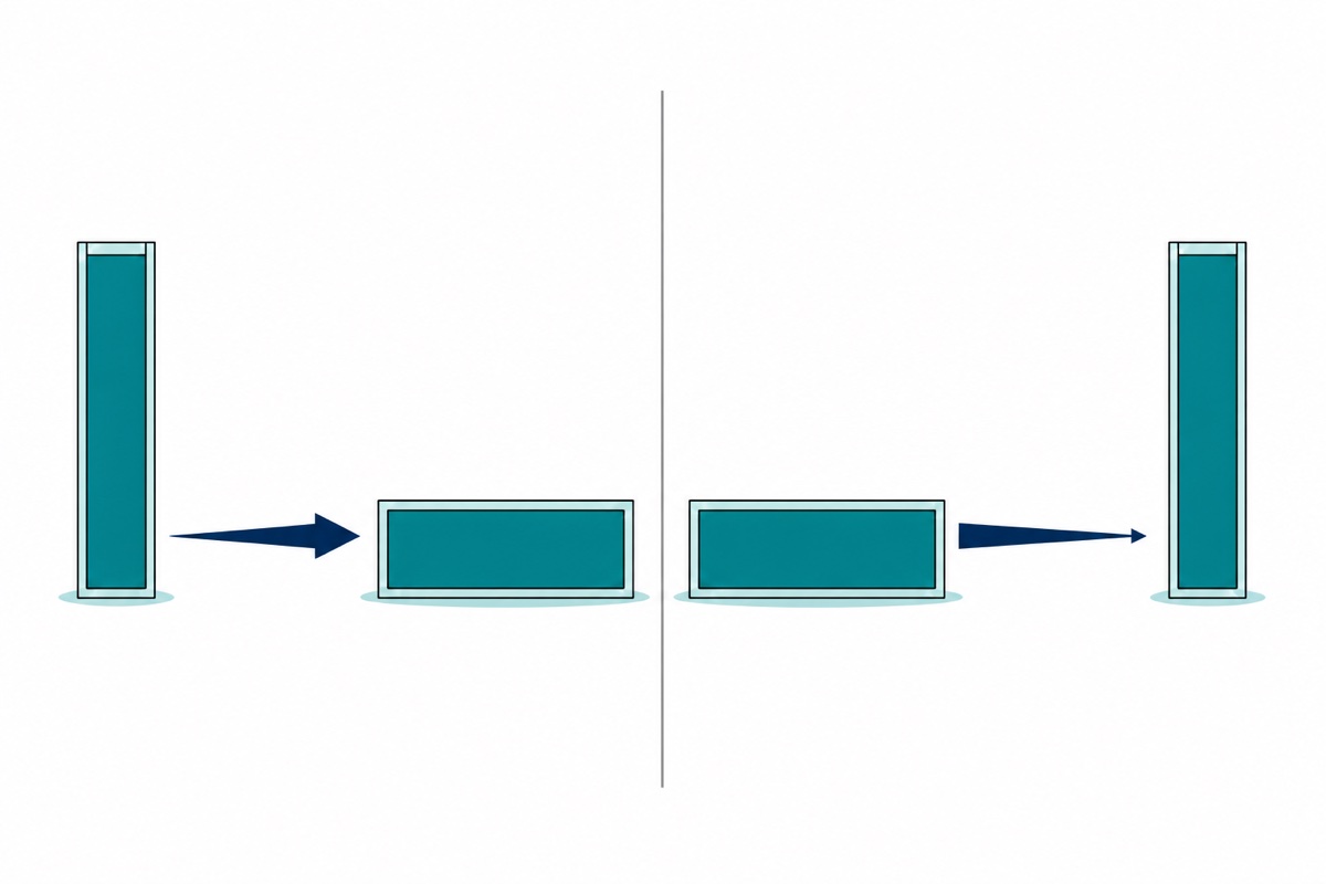 Cartoon of two panels: a tall teal tank feeding a wide teal tank through a navy arrow that starts thin and ends thick, beside a wide teal tank feeding a tall teal tank through a navy arrow that starts thick and ends thin