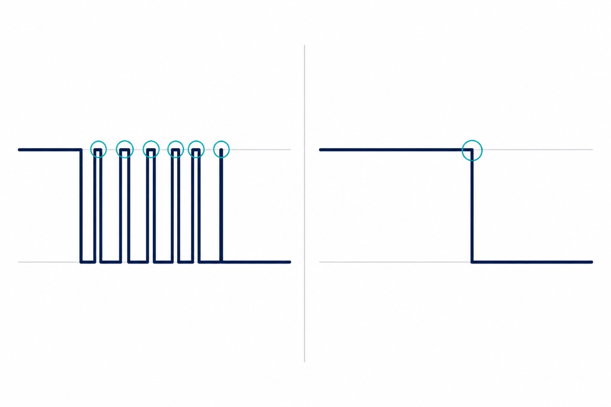 Cartoon waveform comparison, a dark navy line breaking into six ragged spikes on the left and a single clean step on the right, each change ringed in teal