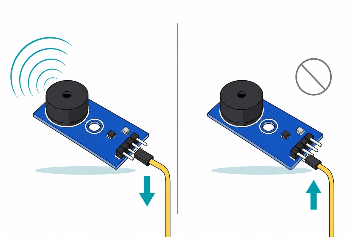 Cartoon split diagram showing the same blue buzzer module twice, on the left a teal arrow pointing down its yellow wire while the buzzer emits sound arcs, on the right the arrow pointing up with the buzzer silent