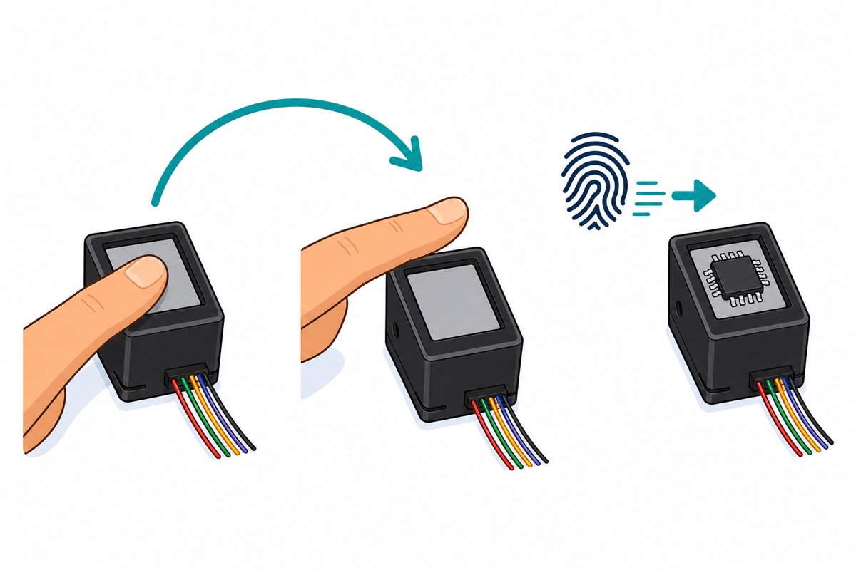 Cartoon illustration of the two-touch fingerprint enrolment process on a black AS608 sensor before the template is stored in the module
