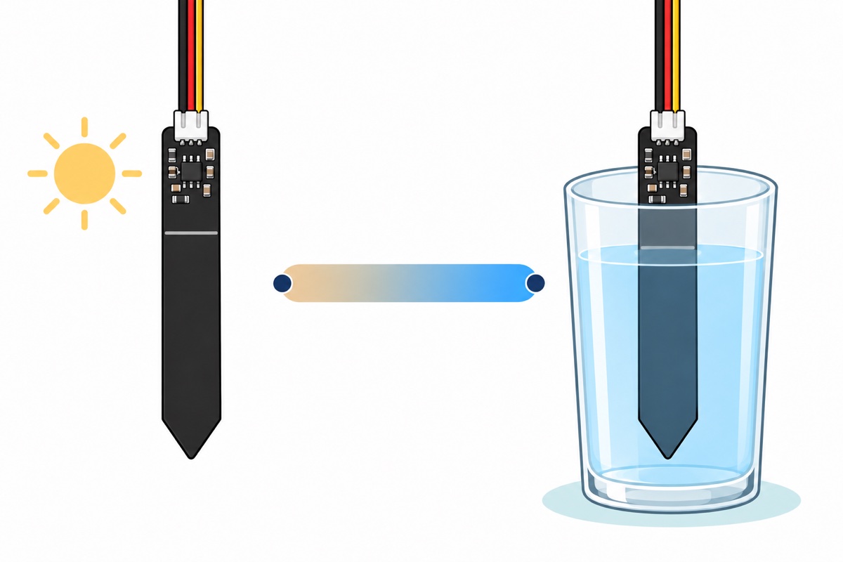 Cartoon of a black capacitive soil moisture probe hanging dry in the air on the left and standing in a glass of water up to its marked line on the right, with a tan-to-blue bar between them