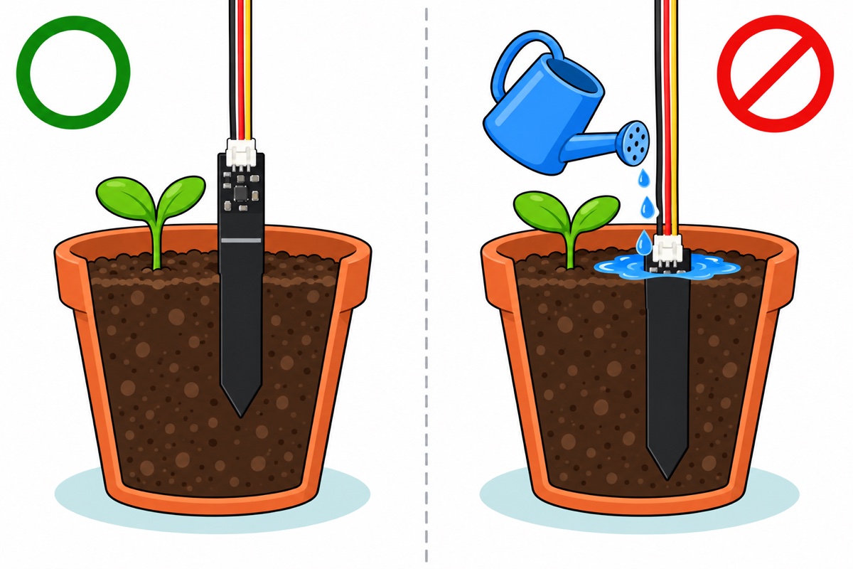 Comparison cartoon of two terracotta pots; on the left a black capacitive probe inserted to its marked line with its electronics dry and a green circle, on the right the probe buried to its socket with a watering can pouring onto it and a red crossed-out circle