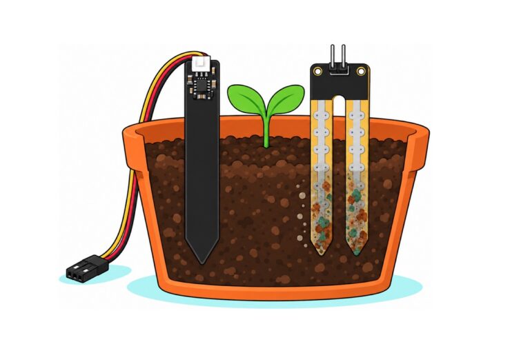 Cartoon cutaway of a terracotta pot with a seedling, a clean matte-black capacitive soil moisture probe on the left and a yellow two-prong resistive fork on the right whose buried silver fingers are corroded