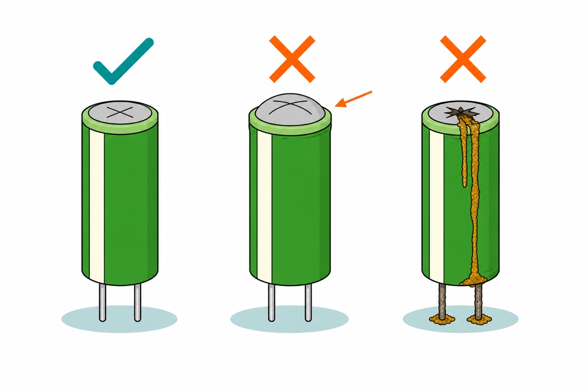Cartoon of three green-sleeved electrolytic capacitors in a row: one flat-topped and clean with a teal tick, one with a domed swollen top and an orange cross, one split open with brown crusty residue running down to its legs