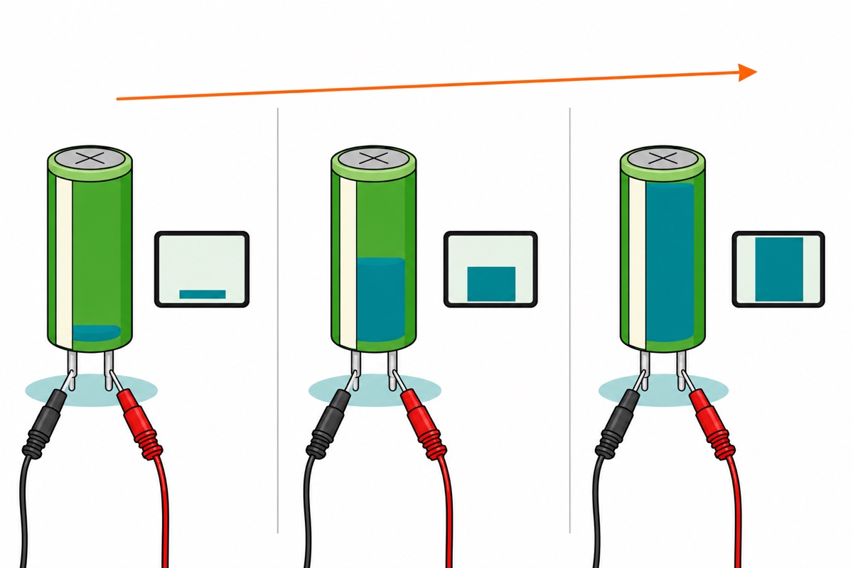 Cartoon of three stages of a green-sleeved capacitor with red and black probes on its legs, filling with teal from bottom to top, with a small green meter screen beside each showing a rising teal bar