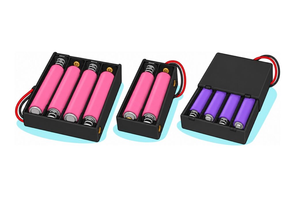 Cartoon of a black four-slot 18650 battery holder and a black two-slot holder loaded with pink cells, next to a black covered AA battery case with purple AA cells and its lid slid half open