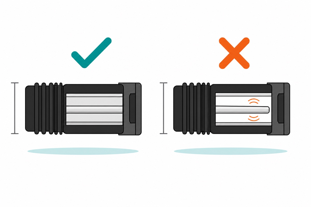 Cutaway cartoon of two black barrel plugs of identical outside size sliced open lengthways, the left one with its silver bore gripping the centre pin along its whole length and marked with a teal tick, the right one with an oversized bore leaving a wide white air gap all round the loose pin and marked with an orange cross