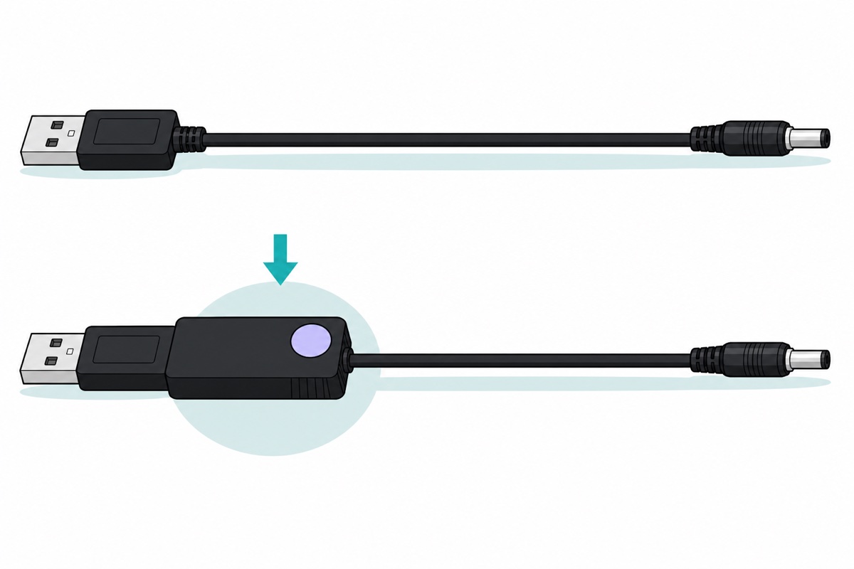 Cartoon of two black USB-to-barrel-jack cables, the upper one plain and unbroken, the lower one carrying a chunky black inline converter block with a blank lilac sticker moulded straight onto the back of its USB plug, highlighted in pale teal
