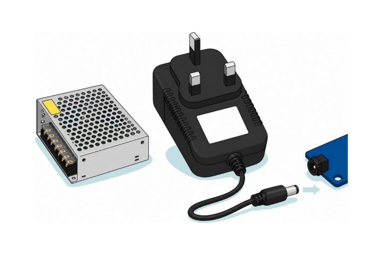 Cartoon of a large glossy black UK three-pin plug-top power adapter whose black cable ends in a big silver-tipped barrel plug, a smaller silver perforated-steel cage power supply with guarded screw terminals beside it, and the cropped corner of a blue circuit board with a barrel socket on the right