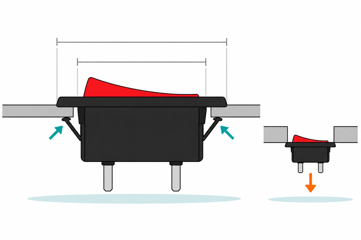 Cutaway cartoon of a black rocker switch with a red paddle mounted in a grey panel, its bezel lip overhanging the rectangular cut-out and two sprung latches gripping the panel underside, with dimension brackets showing the bezel is wider than the hole and a small inset of the same switch falling through an oversized hole