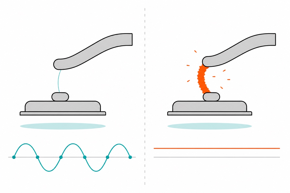 Cartoon close-up of two pairs of separating silver switch contacts, the left with a small teal arc above a wavy line crossing a grey centre line, the right with a large orange arc above a flat line that never reaches the centre line