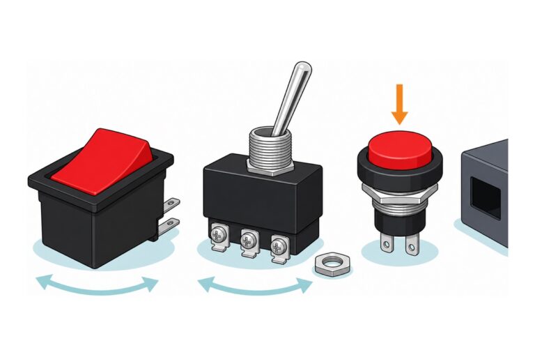 Cartoon of three large panel switches side by side on white - a black rocker with a bright red paddle, a black bat toggle with a chrome lever and three screw lugs, and a round red-capped push button with a chrome hex nut - with a small grey project box cropped at the right edge